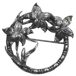 Vintage Pewter Circle Pin Carved Lilies Detailed Lily Flowers 1.5???