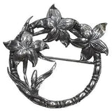 Vintage Pewter Circle Pin Carved Lilies Detailed Lily Flowers 1.5???