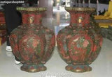 18" Old Wood Lacquerware Painting Magpie Birds Peony Flower Bottle Vase Jar Pair