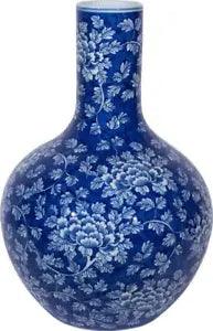 Vase Peony Flower Globular Globe White Blue Ceramic Hand-Crafted