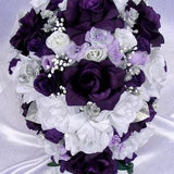 Wedding Bouquet 17-piece Bridal bouquet set PURPLE SILVER WHITE Plum Cascade Silk flower Bouquet Bridal Package centerpiece "RosesandDreams"