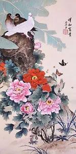 #039 ORIGINAL ASIAN ART CHINESE WATERCOLOR PAINTING-Birds lover&Peony flowers