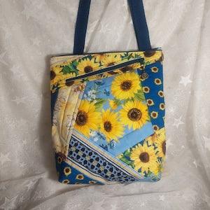 Sunflowers - yellow & blue like Ukraine flag. Patchwork Crossbody Bag, long strap, handmade quilted cotton