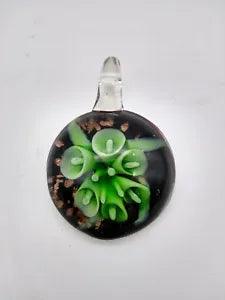 Art Glass Green Calla Lily 1.5"  Round Pendant Gold Flecks Black Background