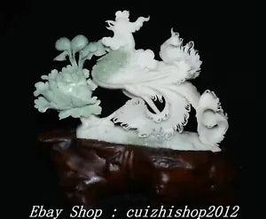 16" China Natural Green Xiu Jade Peony Flower Phoenix Phenix Animal Statue