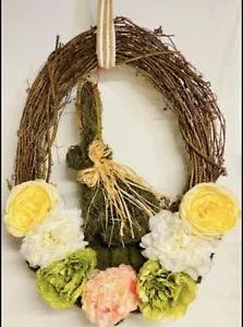 Handmade Easter Floral Grapevine Door Wreath with Faux Moss Covered Bunny.