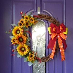 Yellow and orange sunflower wreath with bow/ Fall wreath/ Country, Farmhouse wreath