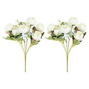 2Pcs 7 Branch Artificial Silk Peony Hydrangea Fake Flowers with Stem, White