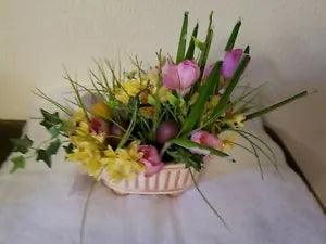 Ceramic Plant  Pot and Artificial Easter Eggs & Flowers Pink Lily Yellow 8 x 4"
