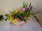 Ceramic Plant  Pot and Artificial Easter Eggs & Flowers Pink Lily Yellow 8 x 4"