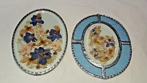 PAIR VINTAGE PRESSED DRIED FLOWERS BRASS OVAL FRAME DOME GLASS WALL ART DECOR