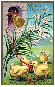 Yellow Chicks Ringing the Church Bell w Ribbon Lilies Easter Postcard | B15