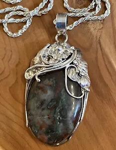 Jasper Stone Ornate Lily Flowers Sterling Silver Twist Rope Chain Necklace 18???in