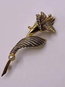 SPAIN Gold Tone Lily Flower Brooch w/Faux Pearl & Black Enamel