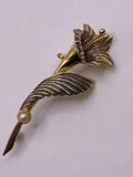 SPAIN Gold Tone Lily Flower Brooch w/Faux Pearl & Black Enamel