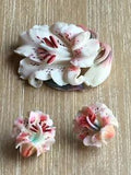 VINTAGE PINK AND WHITE LILY BROOCH WITH CLIP ON EARRINGS SET