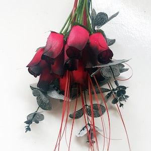 One Dozen Red Roses, Valentines Bouquet Romantic Wooden Everlasting Rose Buds with Black Glitter Eucalyptus and Grass in Cellophane