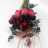 One Dozen Red Roses, Valentines Bouquet Romantic Wooden Everlasting Rose Buds with Black Glitter Eucalyptus and Grass in Cellophane