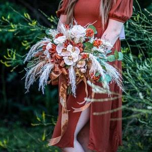 Orange and rust  Boho wedding flower bouquet /Terracotta and orange bridal bouquet/ boho orchid and rose bouquet/ toffee colored bouquet
