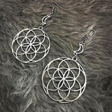 Seed of life sacred geometry symbol jewelry crescent moon hippie witchy celestial earrings women's alternative bohemian geometric esoteric