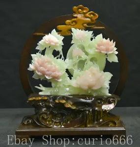 16" Natural Xiu Pink Jade Carving subshrubby peony flower Birds Lucky Statue