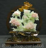 16" Natural Xiu Pink Jade Carving subshrubby peony flower Birds Lucky Statue