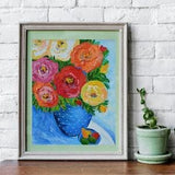Charming bouquet of roses in a blue vase abstract oil painting of rose