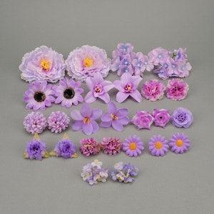 27Pcs Purple Silk Artificial flower head Combo Set/Rose,Peony,Carnation flower DIY Craft Flower Kit Bridal Wedding Decorations Fake Floral