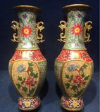 14" Cloisonne Enamel Gilt Peony Peonies Leaf Flower Vase Bottle Statue Pair