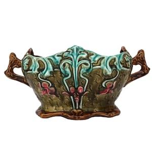 Art Nouveau Majolica Planter with Fuchsias, French Ceramic Flower Vase