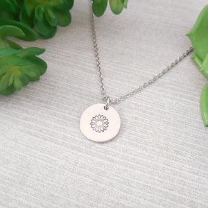 Stamped Sunflower Necklace - Small Hand Stamped Sunflower Alkeme Disc Necklace