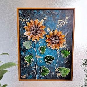 Sunflower Acrylic painting with stained glass 3D flowers wall window, Nature home decor, Christmas, Mother??s Day gift  Succulents, cactus