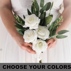 Wedding Bouquet White, Silk Bridesmaids Bouquet, Ivory Rose  and Greenery Bridesmaids Bouquet, Small Bouquet, Custom Affordable Bouquet