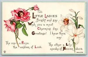 Two Little Ladies Rose And Lily Anthropomorphic Flowers James E Pitts Postcard