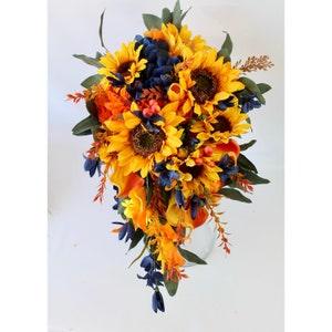 Cascade Sunflower Bouquet, Sunflower Bouquet, Blue Sunflower bouquet,  Wedding Bouquet, Wedding Bouquet, Artificial Bouquet, Silk Bouquet