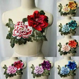 3D Peony Flowers Leaves Sew Patches Trimmings Applique Large Embroidered Decors