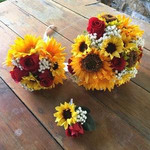 JennysFlowerShop Silk Sunflower Rose Babysbreath Wedding Bouquet Bridal Bouquet Bridesmaid Bouquet Boutonnere in Yellow/Red