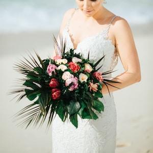 Real preserved flowers tropical cascading bouquet with pineapples proteas palms and monstera leaves, beach wedding, pink peach green bouquet
