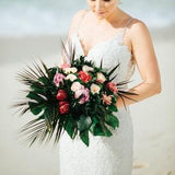 Real preserved flowers tropical cascading bouquet with pineapples proteas palms and monstera leaves, beach wedding, pink peach green bouquet