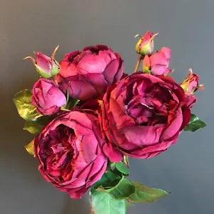 Bunch of Burgundy Faux Silk Rose & Buds Artificial Deep Pink Plum Purple Flowers