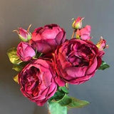 Bunch of Burgundy Faux Silk Rose & Buds Artificial Deep Pink Plum Purple Flowers