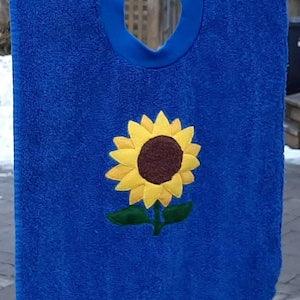 Sunflower Bib - full coverage towel bib to protect clothing and celebrate the Season of Sunshine! For Babies, toddlers, and preschoolers.