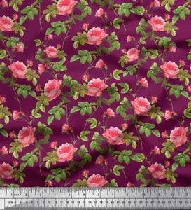 Soimoi Cotton Poplin Fabric Leaves & Peony Floral Print Fabric by-Xth