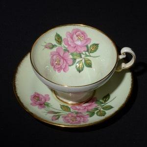 OLD ROYAL Bone China Teacup and saucer dark pink rose bouquet green mint teacup Gold Rimmed England Vintage Sampson Smithraised