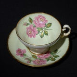 OLD ROYAL Bone China Teacup and saucer dark pink rose bouquet green mint teacup Gold Rimmed England Vintage Sampson Smithraised