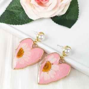 Handmade Heart Earrings | Pink Dried Flower Earrings | 925 Sterling Silver Daisy Flowers Earrings | Pearl  Jewelry | Love For Girlfriend