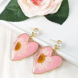 Handmade Heart Earrings | Pink Dried Flower Earrings | 925 Sterling Silver Daisy Flowers Earrings | Pearl  Jewelry | Love For Girlfriend