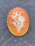 Vintage Faux Carved Shell Cameo Lily FLOWER Brooch pin gold tone metal 1.5???