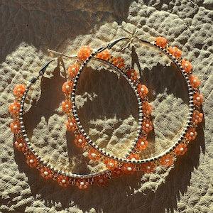 Orange White Gold Floral Flower Large Beaded Gold Plated Hoop Earrings Native Made