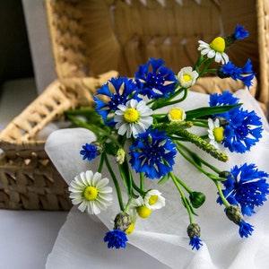 Cold porcelain Cornflower chamomile bouquet, , Wild flower bouquet, artificial cornflower